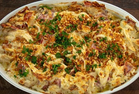 Chicken & ham casserole with mustardy dumplings